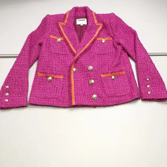 L'AGENCE Hot Pink Tweed Double-Breasted Blazer with Orange Trim - Picture 7 of 13